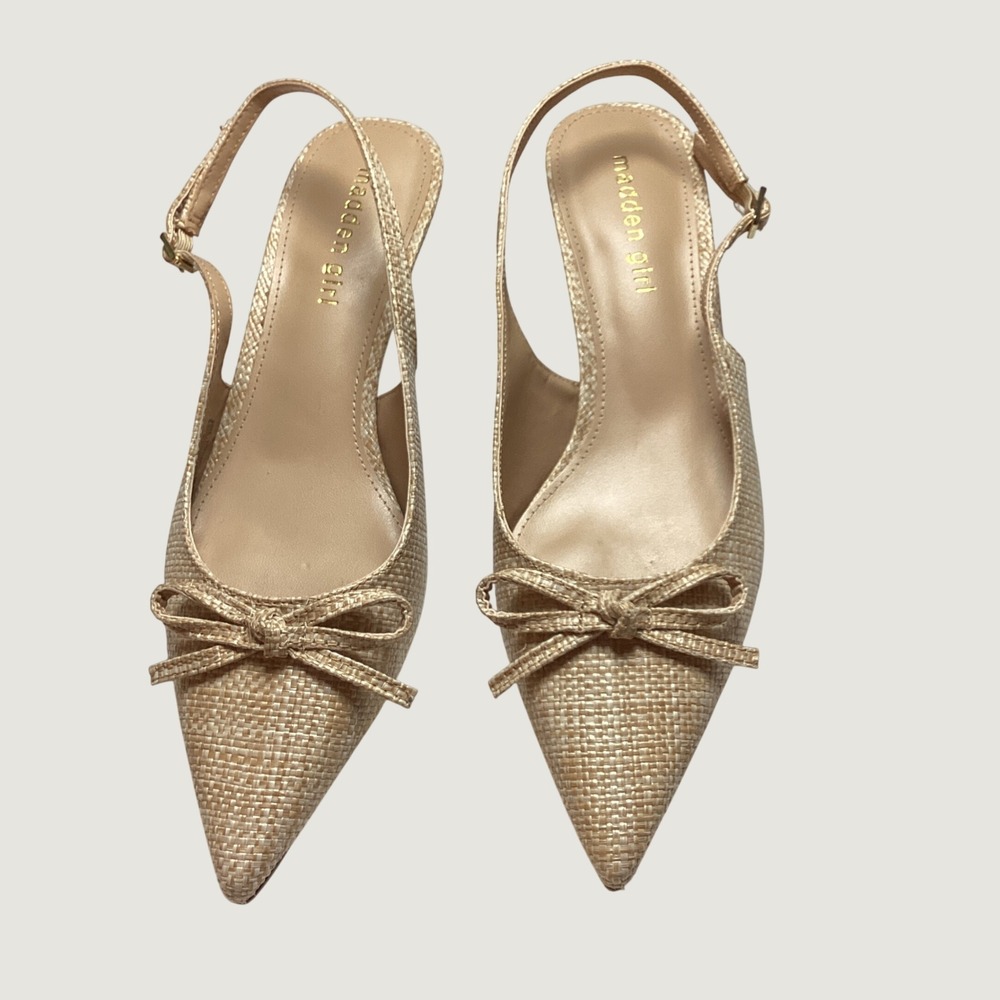 Madden Girl Vogue Slingback Pumps Womens 9 Natural Woven Bow Kitten Heel Preppy